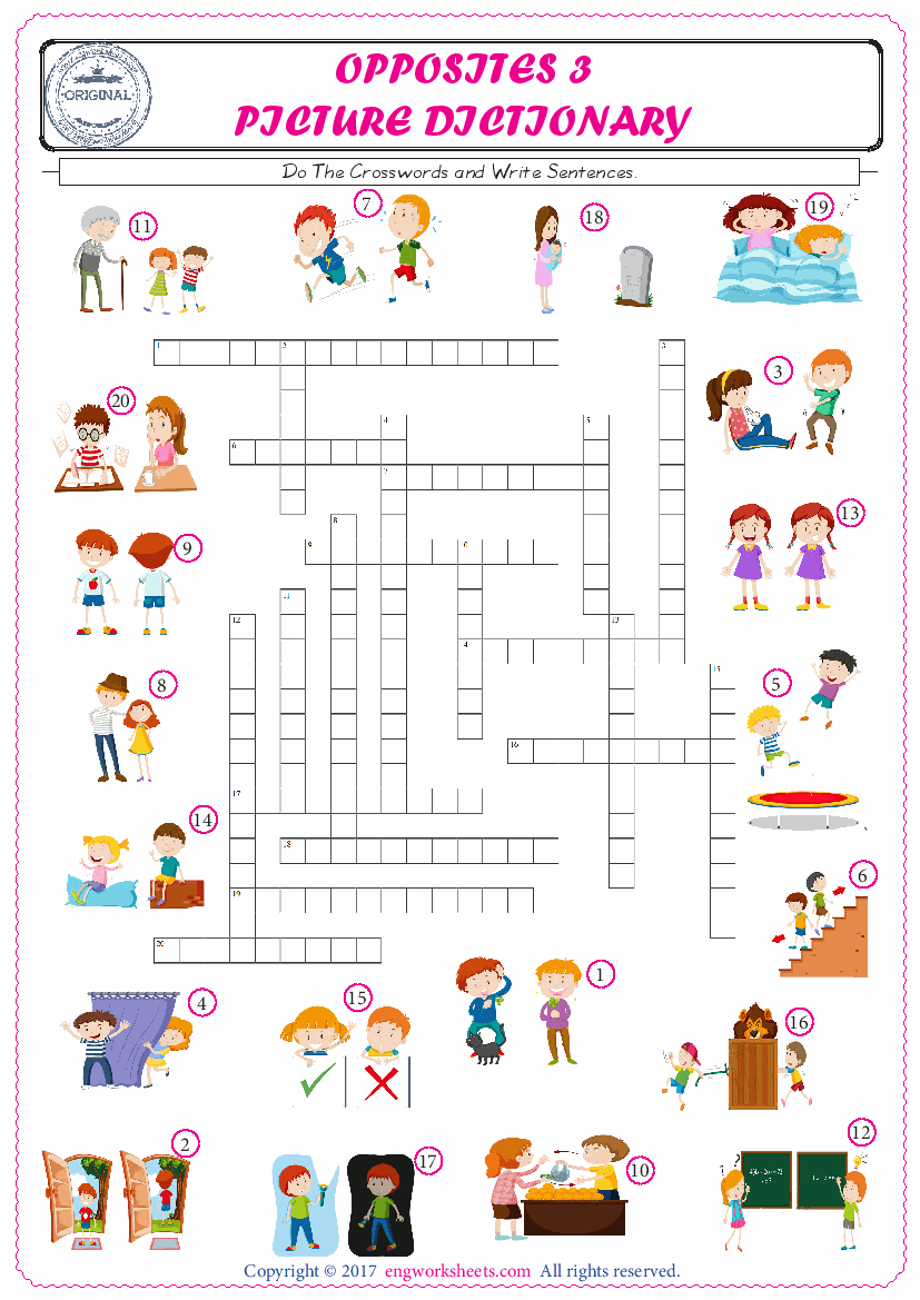  ESL printable worksheet for kids, supply the missing words of the crossword by using the Opposites picture. 